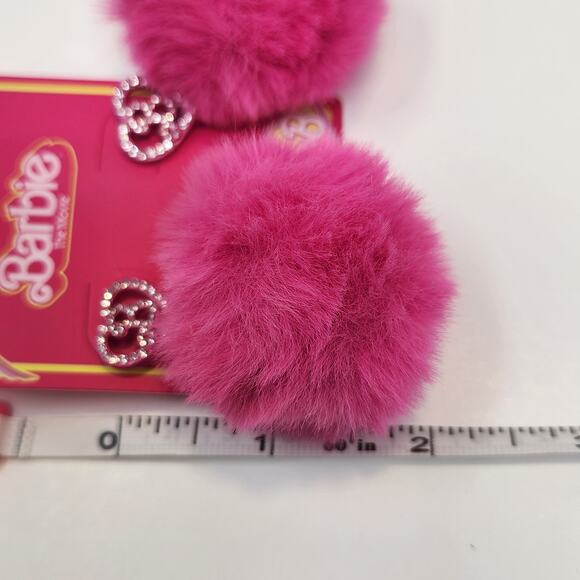 Barbie The Movie Pink Puff Ball Crystal Heart Post Earrings Bling Glam New - Picture 4 of 4